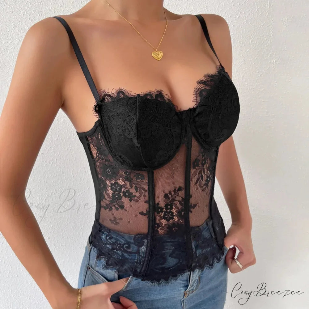 Black Lace Eyelash See-through Fishbone Bustier croptop-250126