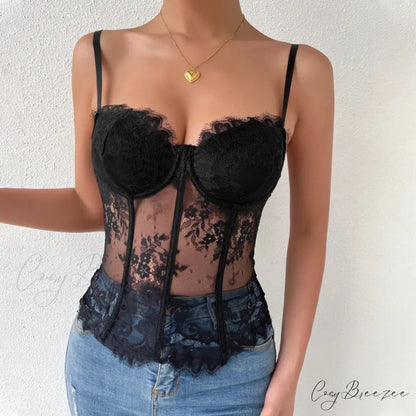 Black Lace Eyelash See-through Fishbone Bustier croptop-250126