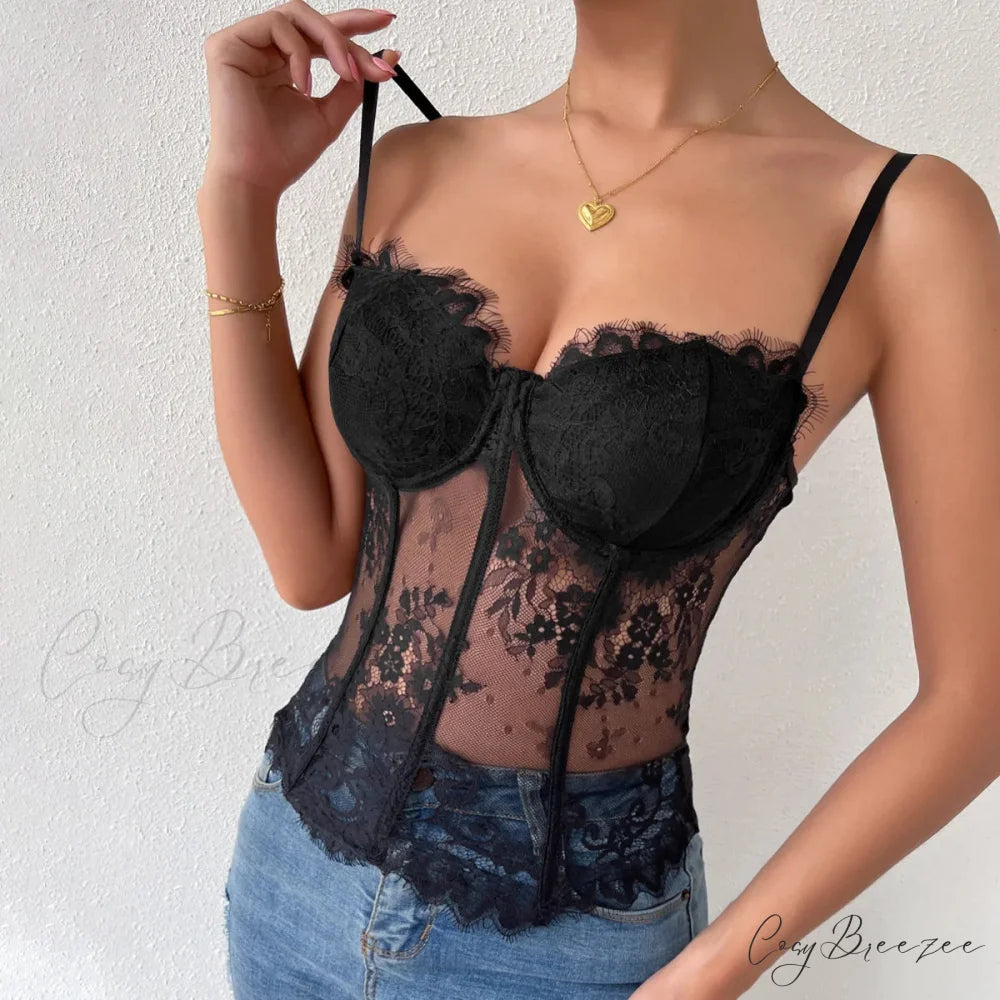 Black Lace Eyelash See-through Fishbone Bustier Black / XS croptop-250126