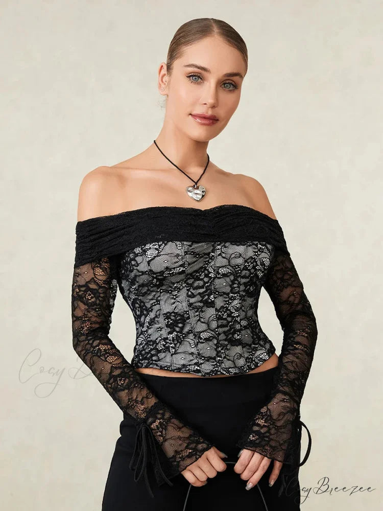 Black Lace Floral Sheer Off-shoulder Slim Corset Top croptop-250126