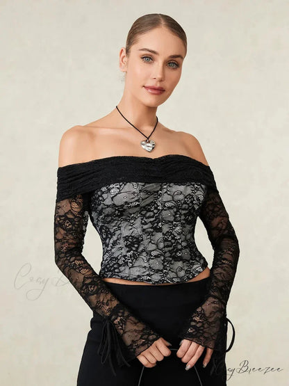 Black Lace Floral Sheer Off-shoulder Slim Corset Top croptop-250126
