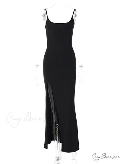 Black Lace Patchwork Charming Maxi Slit Dress