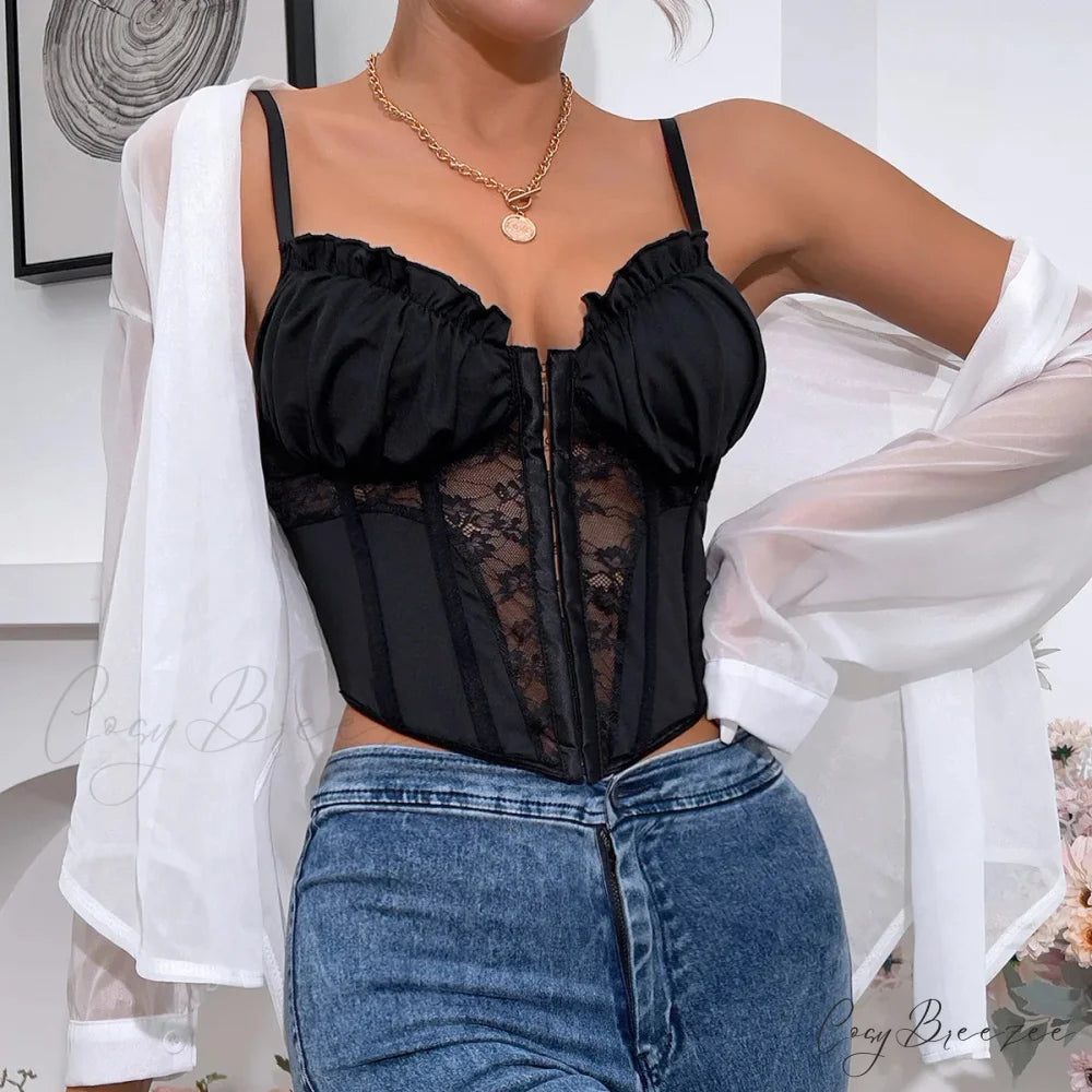 Black Lace Pleated Sheer Fishbone Spaghetti Top croptop-250126
