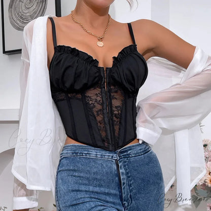 Black Lace Pleated Sheer Fishbone Spaghetti Top croptop-250126