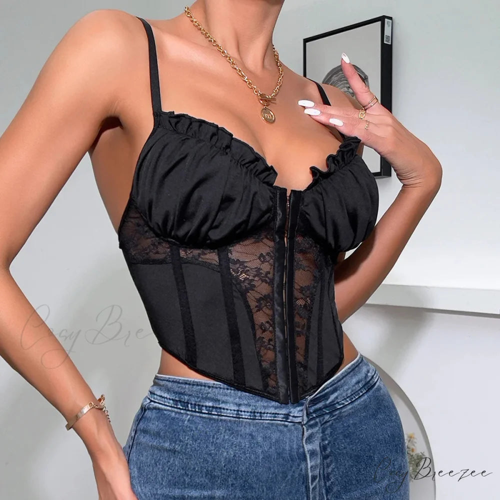 Black Lace Pleated Sheer Fishbone Spaghetti Top croptop-250126