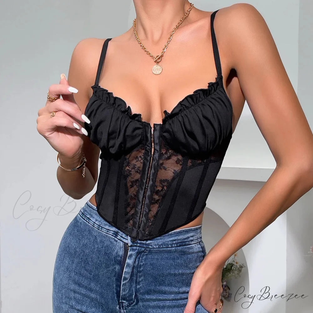 Black Lace Pleated Sheer Fishbone Spaghetti Top croptop-250126