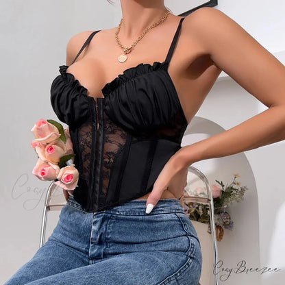 Black Lace Pleated Sheer Fishbone Spaghetti Top Black / S croptop-250126