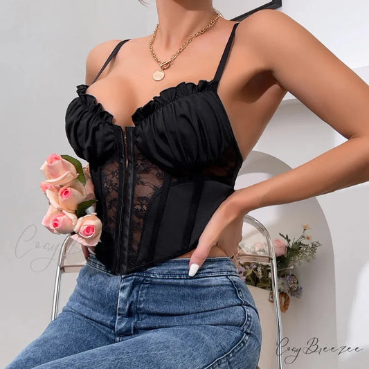 Black Lace Pleated Sheer Fishbone Spaghetti Top Black / S croptop-250126