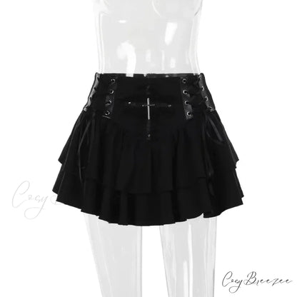 Black Lace Trim Cross Lace-up Mini Vintage Sexy A-Line Layered Short Women Summer Autumn Skirt Black / S