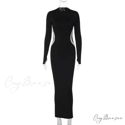 Black Long Sleeve Charming Contrast Strap Maxi Dress