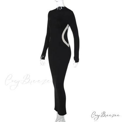 Black Long Sleeve Charming Contrast Strap Maxi Dress