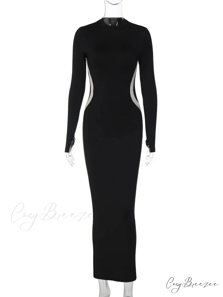 Black Long Sleeve Charming Contrast Strap Maxi Dress