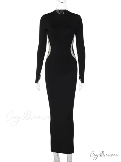 Black Long Sleeve Charming Contrast Strap Maxi Dress