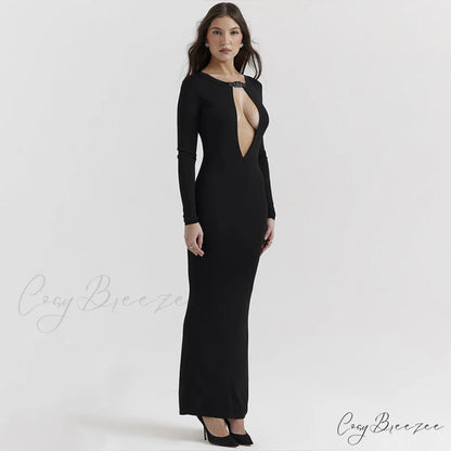 Black Long SLeeve Hollow Graceful Cut Out Midi Dress