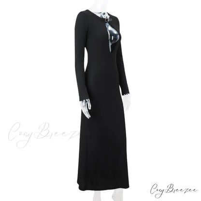 Black Long SLeeve Hollow Graceful Cut Out Midi Dress