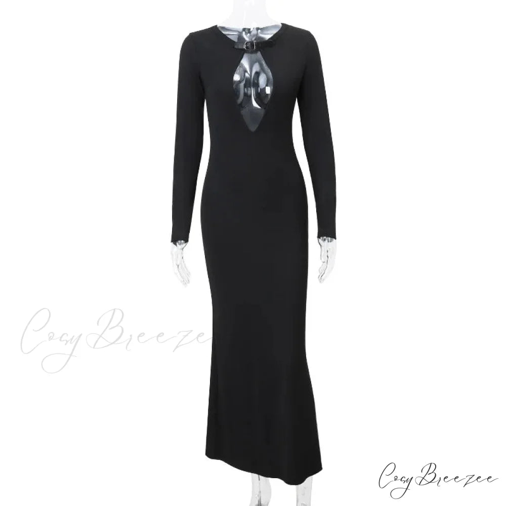 Black Long SLeeve Hollow Graceful Cut Out Midi Dress Black / L