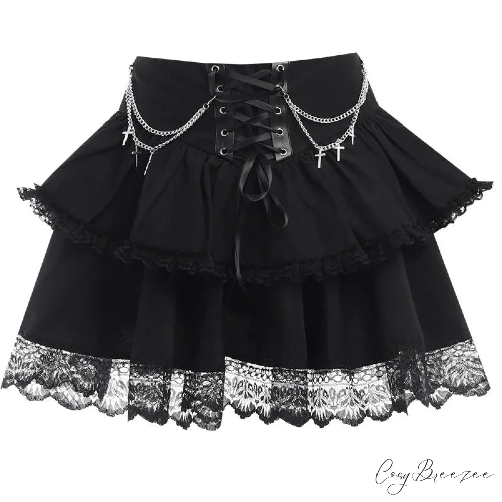 Black Mini Gothic Sexy Cute Women Drawstring Folds High Waist Irregular Ruffle Patchwork Fairycore Skirt BLACK / S