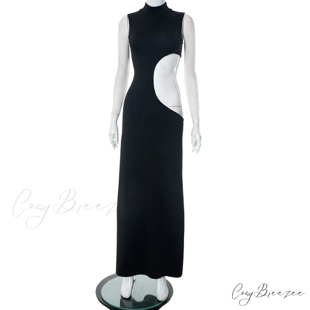 Black Mock Neck Tank Graceful Side Cut Out Maxi Dress