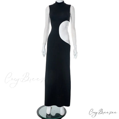 Black Mock Neck Tank Graceful Side Cut Out Maxi Dress