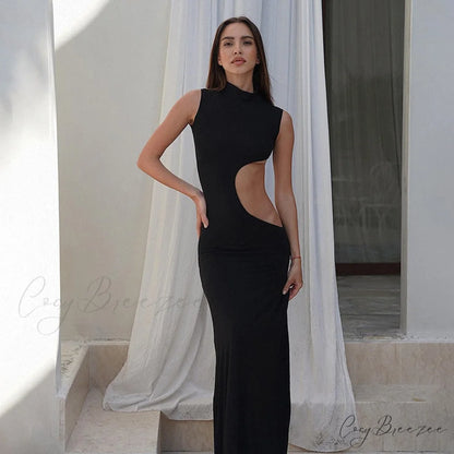 Black Mock Neck Tank Graceful Side Cut Out Maxi Dress