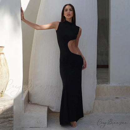 Black Mock Neck Tank Graceful Side Cut Out Maxi Dress black / M