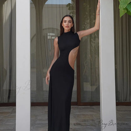 Black Mock Neck Tank Graceful Side Cut Out Maxi Dress black / S