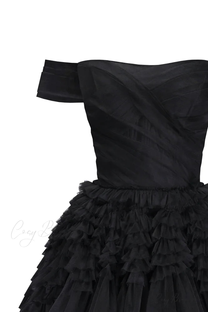 Black Off-The-Shoulder Stylish Frill-Layered Gown L / Black