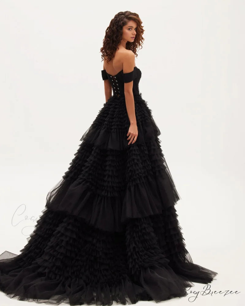 Black Off-The-Shoulder Stylish Frill-Layered Gown M / Black