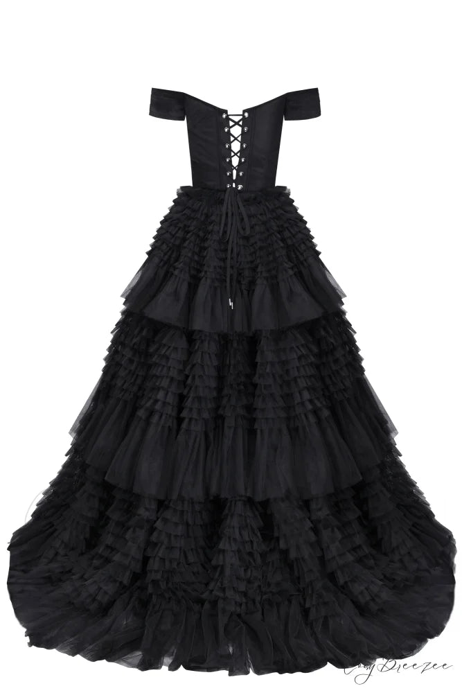 Black Off-The-Shoulder Stylish Frill-Layered Gown S / Black
