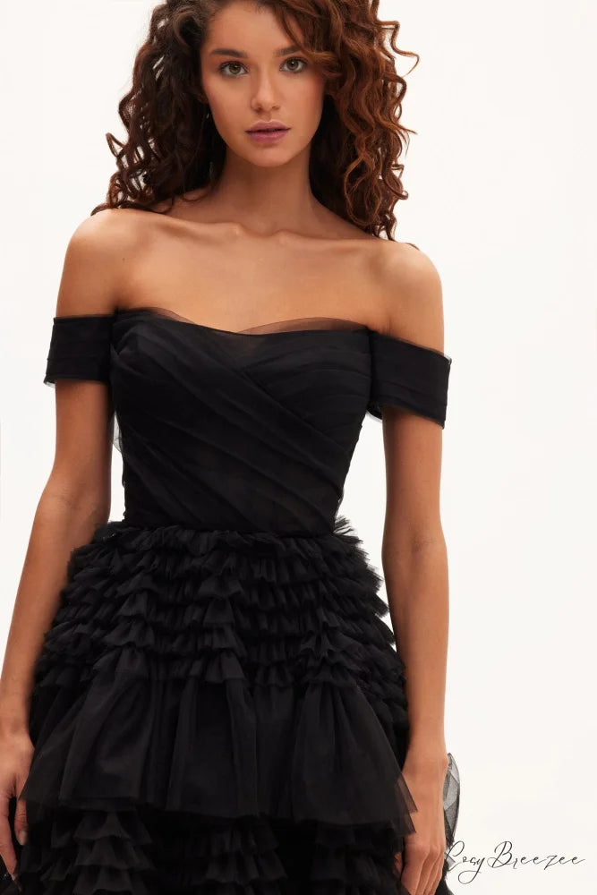 Black Off-The-Shoulder Stylish Frill-Layered Gown XL / Black