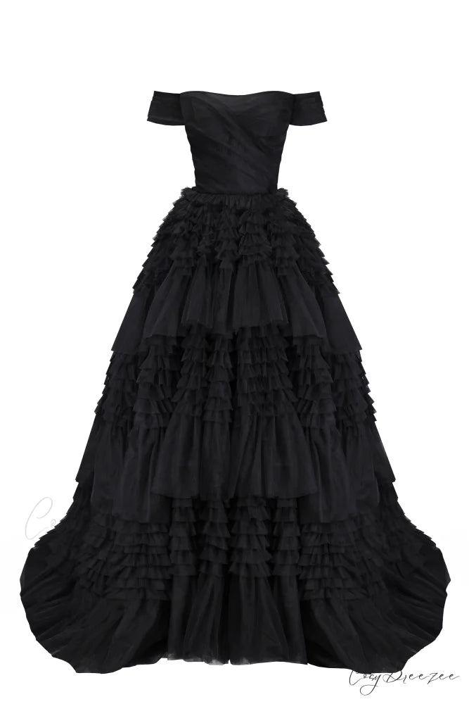 Black Off-The-Shoulder Stylish Frill-Layered Gown XXS / Black