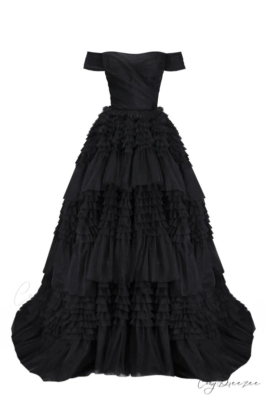 Black Off-The-Shoulder Stylish Frill-Layered Gown XXS / Black