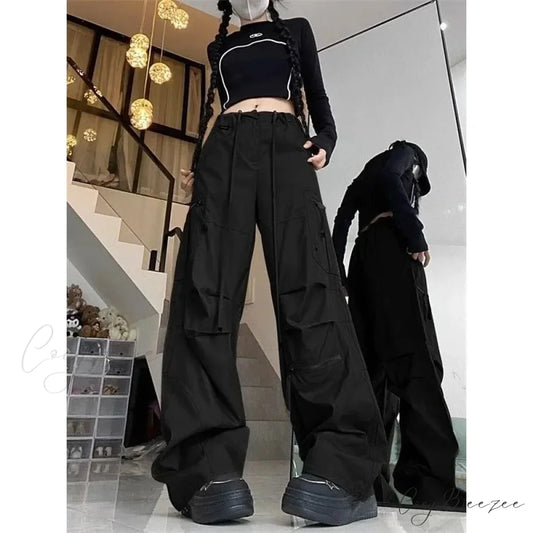 Black Parachute Cargo Pants Y2K Pants pants-241228