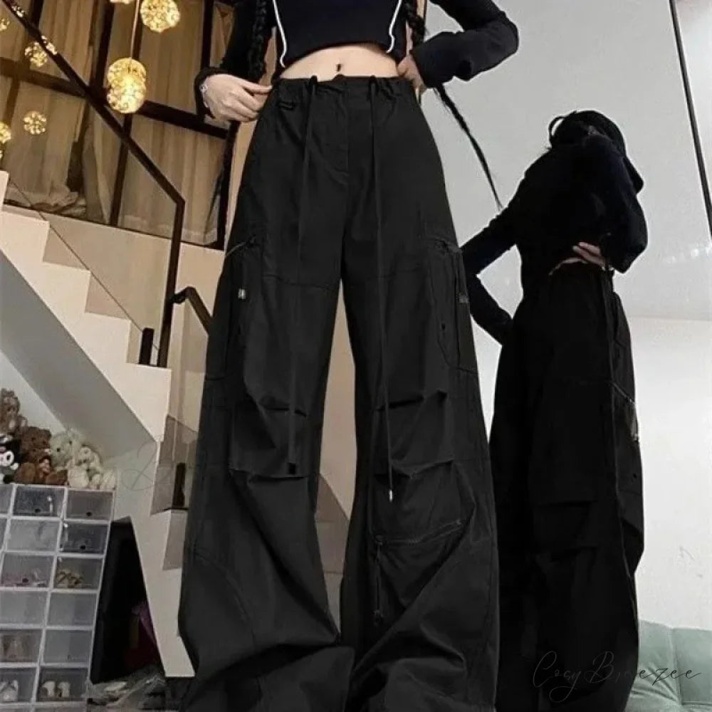 Black Parachute Cargo Pants Y2K Pants pants-241228