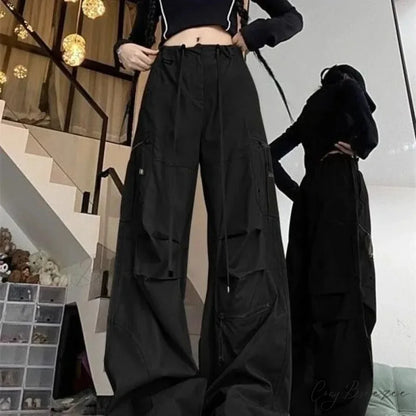 Black Parachute Cargo Pants Y2K Pants pants-241228