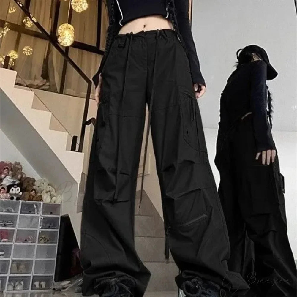Black Parachute Cargo Pants Y2K Pants pants-241228