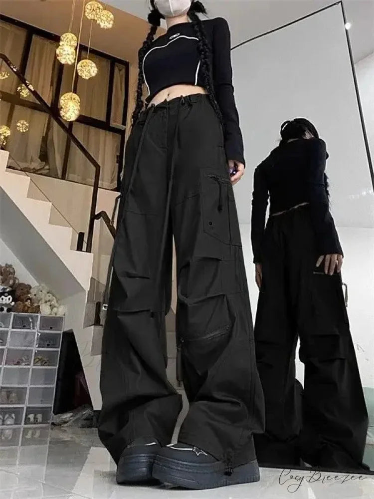 Black Parachute Cargo Pants Y2K Pants Black / M pants-241228