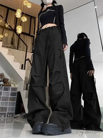 Black Parachute Cargo Pants Y2K Pants Black / M pants-241228