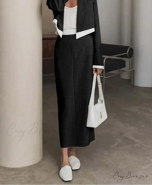 Black Patchwork Slim Straight Office Set Black / S officetwopieceset-250223
