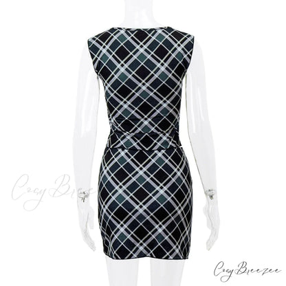 Black Plaid Slit Top Graceful And Mini Skirt Set