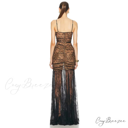 Black Pleated Lace Halter Party Dress