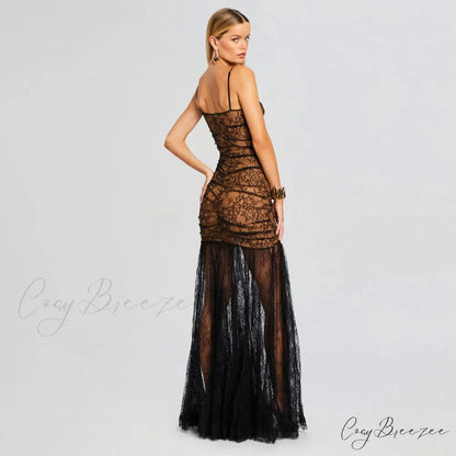 Black Pleated Lace Halter Party Dress