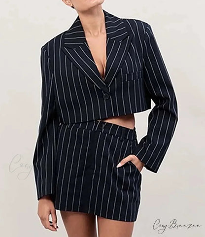 Black Print Crop Shirt Mini Office Set officetwopieceset-250223