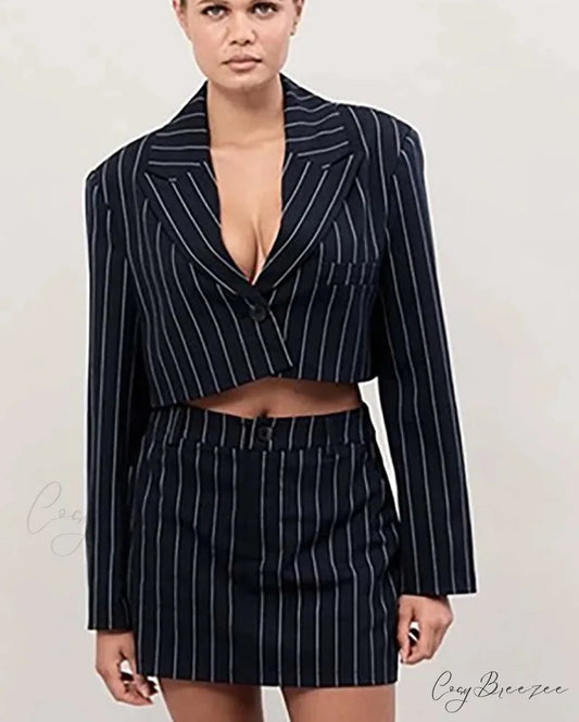 Black Print Crop Shirt Mini Office Set Black / S officetwopieceset-250223