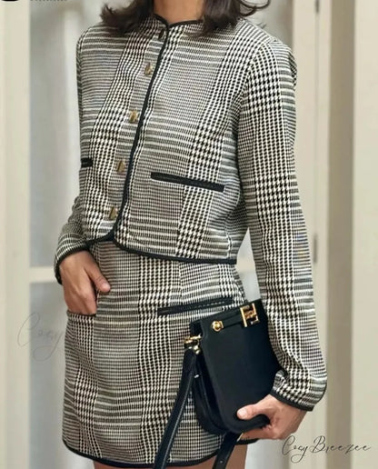 Black Print O-Neck Pockets Mini Office Set officetwopieceset-250223