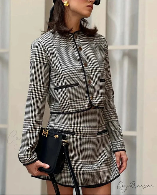 Black Print O-Neck Pockets Mini Office Set Black / S officetwopieceset-250223