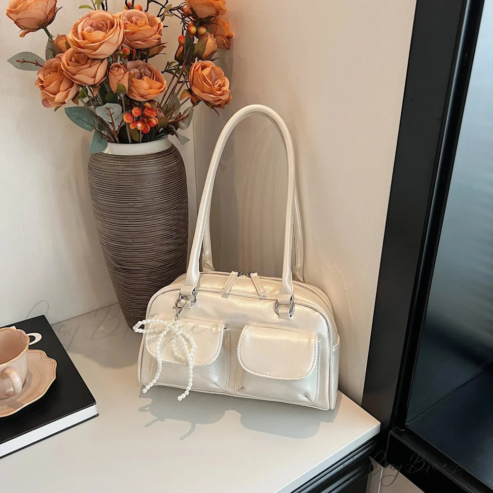 Black PU Leather Casual Bag Beige shoulder-250126