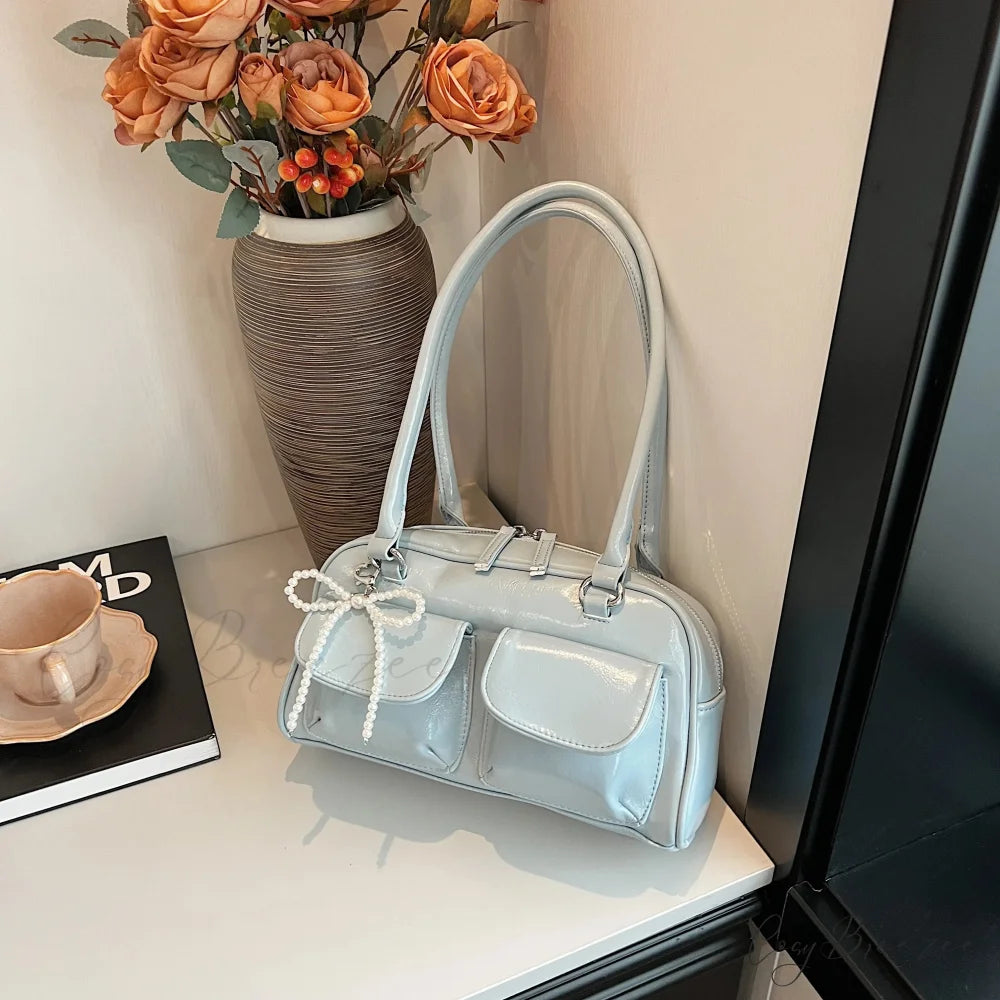 Black PU Leather Casual Bag Blue shoulder-250126