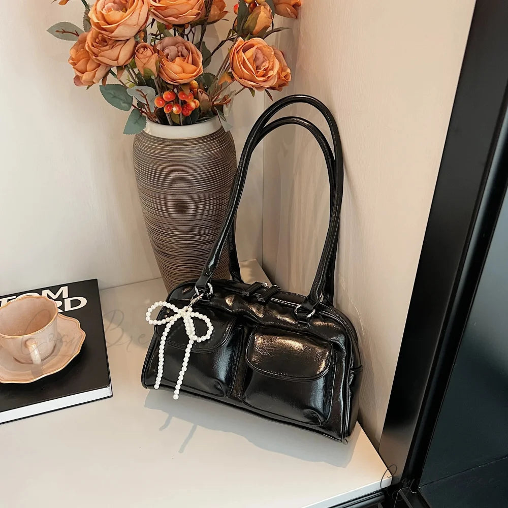 Black PU Leather Casual Bag Black shoulder-250126