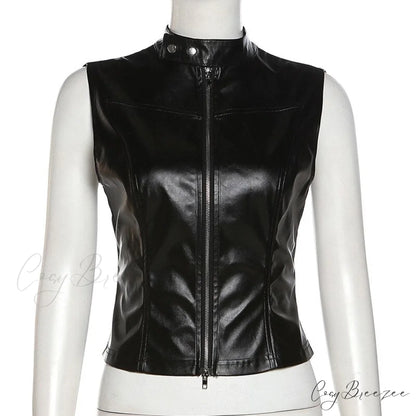 Black Pu Leather Charming Moto Zipper Tank Top